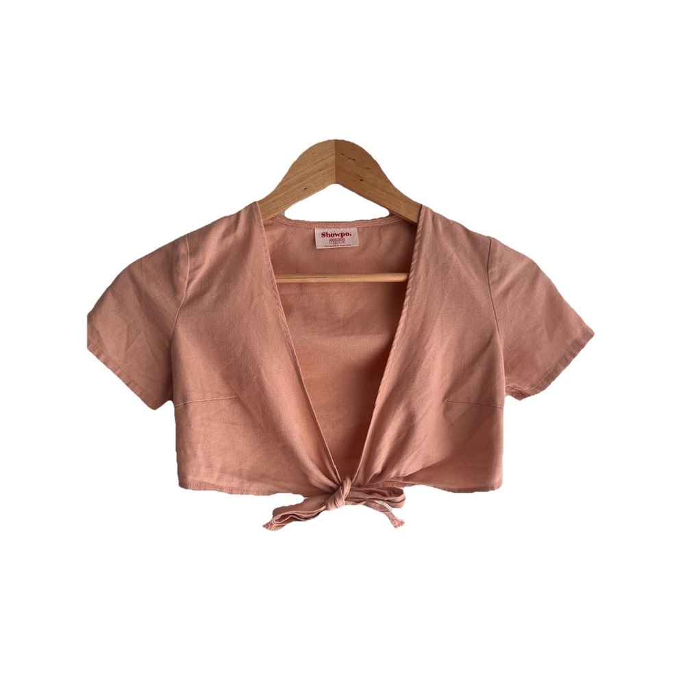 Showpo Pink Linen Blend Tie‎ Front Crop Top V-Neck Short Sleeve Summer Size 2
